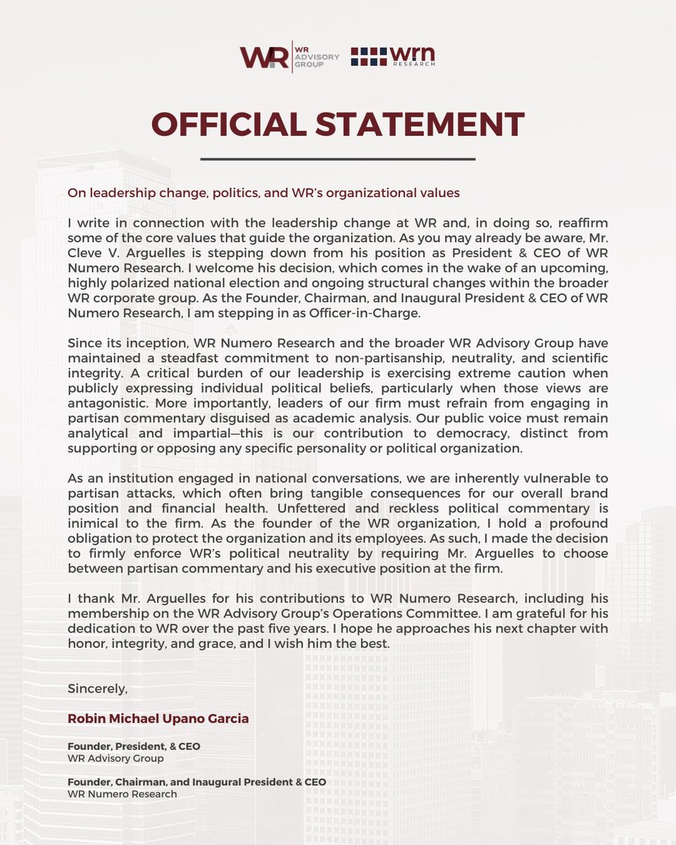 WR_Numero's tweet photo. Read the official statement of WR Advisory Group Founder, President &amp; CEO and Founder, Chairman, and Inaugural President &amp; CEO of WR Numero Research Dr. Robin Garcia regarding recent leadership developments within WR Numero Research: https://t.co/bbZ9txt0yJ