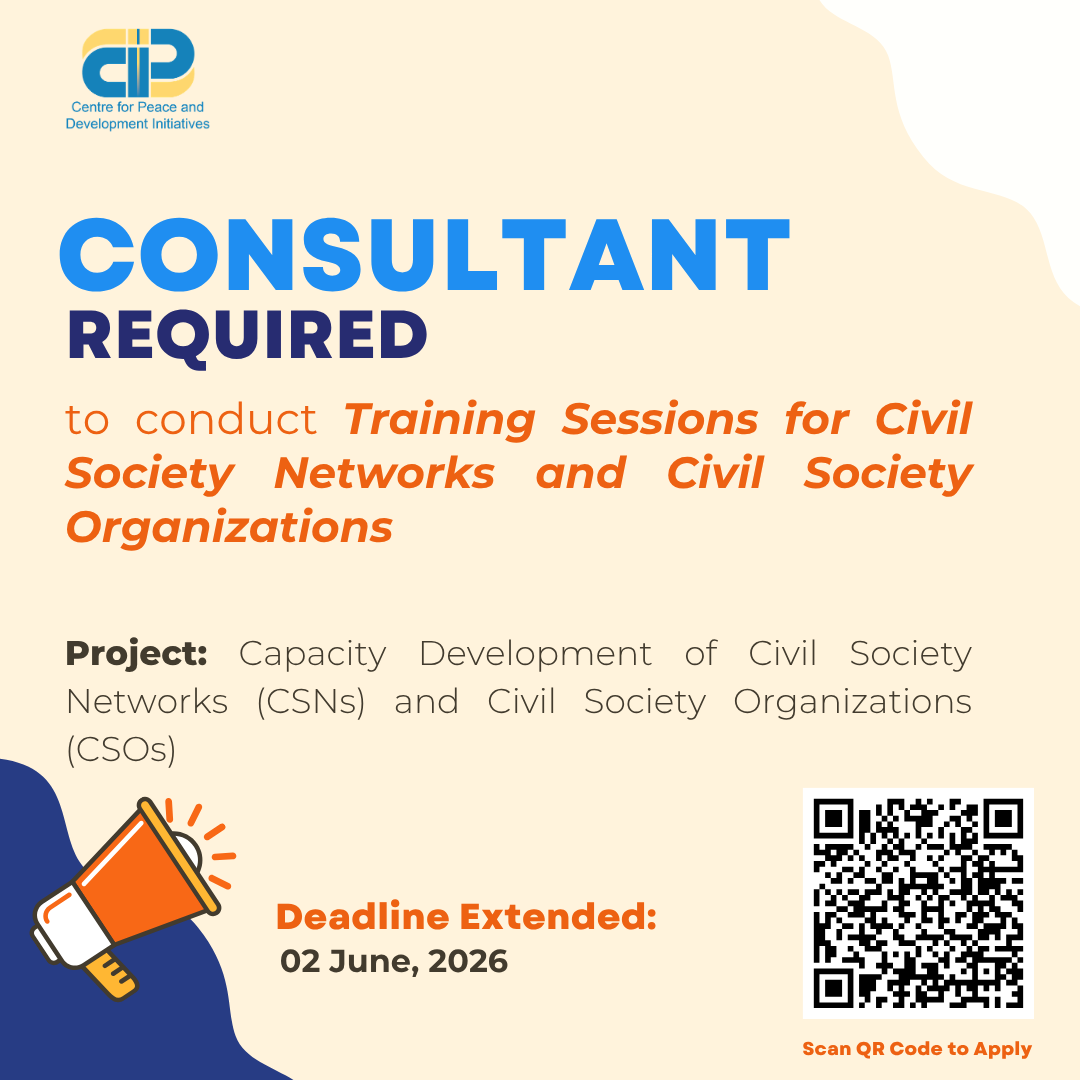 cpdi_pakistan's tweet photo. 📢 Deadline Extended — Consultancy Opportunity with CPDI
CPDI has extended the deadline for applications for the position of Master Trainer/Consultant to conduct capacity-building trainings for Civil Society Networks (CSNs) and Civil Society Organizations (CSOs).

🗓 Extended Deadline: 2 June 2026
📧 Apply at: consultancy@cpdi-pakistan.org

Experienced professionals in training, facilitation, public policy, and advocacy are encouraged to apply.

Completed TORs:
https://t.co/Z2bYdoxJGq

#CPDI #ConsultancyOpportunity #DeadlineExtended #CivilSociety #PolicyAdvocacy #Training