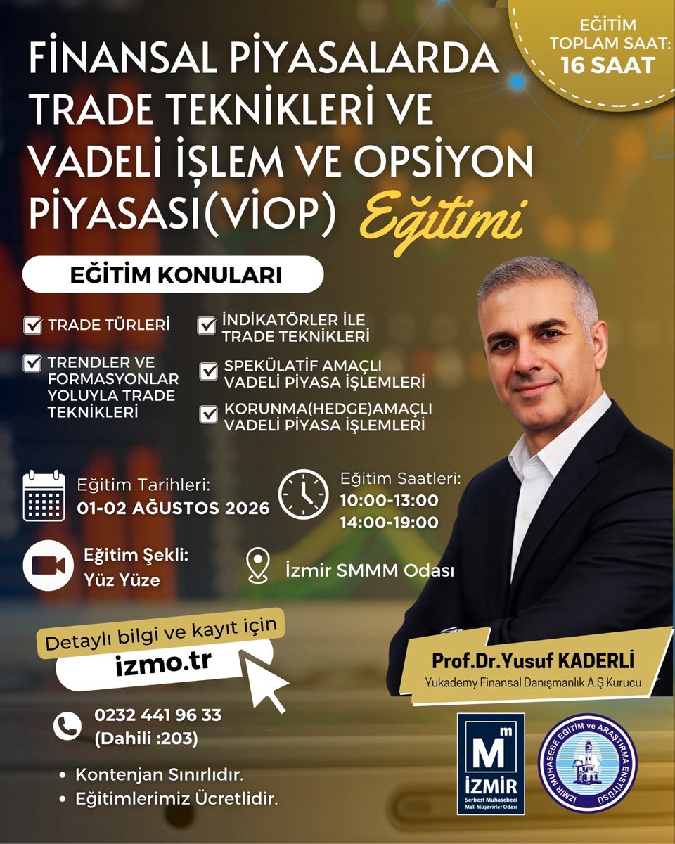 Yusuf_Kaderli's tweet photo. 2026 yılında tüm borsa ile ilgili eğitimleri İzmir SMMMO bünyesinde İzmir’de (Konak) ya da  Aydın’da özel eğitim şeklinde vereceğim. Derece sırasına göre Temel Düzey ve İleri Düzey Borsa Eğitimleri nin yanında Trade & VİOP eğitimi olmak üzere  3 farklı eğitim ( içerikler için afişleri inceleyiniz) ile faaliyetlerime devam edeceğim. Gerçekten çok dolu bir içerik ile eğitim almak ve borsa yatırımlarını bilinçli bir biçimde hiç kimseye ihtiyaç duymadan yapabilmek için bu  eğitimlerden istediğiniz birine veya sırasıyla hepsine katılabilirsiniz. İzmir eğitimlerine kayıt olmak için İzmir SMMMO irtibat no yu ( Afişte yazıyor) Aydın’daki özel borsa eğitimlerine kayıt olmak ve detaylı bilgi almak için ise 0 530 921 3109 nolu telefondan YUKADEMY i arayabilirsiniz.