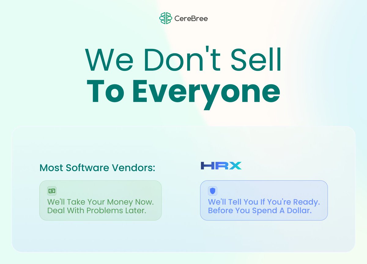 CereBree's tweet photo. Most software vendors will take your money today and deal with your problems later.

HRX doesn't work like that.

Here's what usually happens:
→ A vendor shows you a demo.
→ Your team is convinced.
→ You sign the contract.

Then reality hits.

Your data is messier than expected.
Your teams resist change.
Your processes aren't documented.
Implementation drags from 3 months to 18.
The platform sits half-used. Or not used at all.

You blame the software. The vendor blames your organizational readiness.

Both are right. And both are wrong.

The software wasn't the problem.

The timing was.

Most enterprise platforms fail not because they're bad products, but because they're deployed into organizations that aren't ready for them.

This is exactly what we see repeatedly: unresolved responsibilities, patched workflows, and teams exhausted not from overwork, but from a lack of direction.

Organizations don't lack software. They lack governance.

So before HRX is deployed, we ask a different question.

Not "do you want to buy this?" But "are you ready to benefit from it?"

HRX follows a defined growth path:
- Minimal establishes the fundamental structures first.
- Smart builds on that foundation and adds AI.
- Mature delivers deterministic control.

No stage can be skipped.

Software follows readiness, not the other way around.

And we don't just preach this.

CereBree runs HRX internally as Customer Zero. CRM, uSMS, and CereWork operate inside our own organization before they reach any client.

If you've tried to unify your CRM, ITSM, and HR before and it didn't work, it wasn't the software's fault.

The foundation wasn't ready.

Are you ready to solve the actual problem, and not just the symptoms?