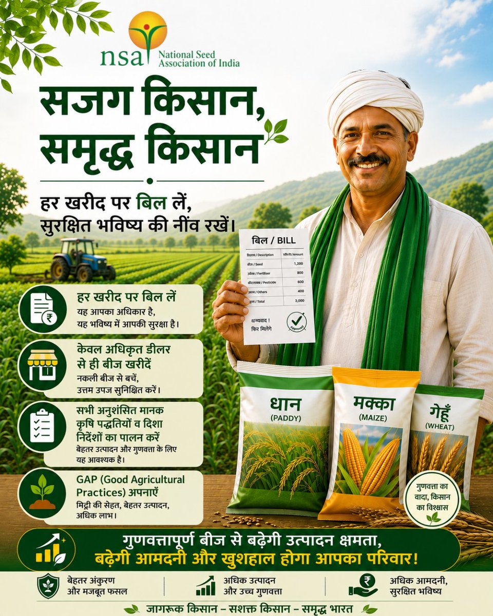NSAIndia's tweet photo. 🌱 जागरूक किसान ही समृद्ध किसान बनता है!
हर खरीद पर बिल लें, अधिकृत विक्रेता से ही बीज खरीदें और सही कृषि पद्धतियाँ अपनाएँ।
गुणवत्तापूर्ण बीज और सही निर्णय ही बेहतर उत्पादन और सुरक्षित भविष्य की कुंजी हैं। 🌾

#जागरूककिसान #समृद्धकिसान #QualitySeeds #SmartFarming #SeedAwareness https://t.co/29W6NOm8W5