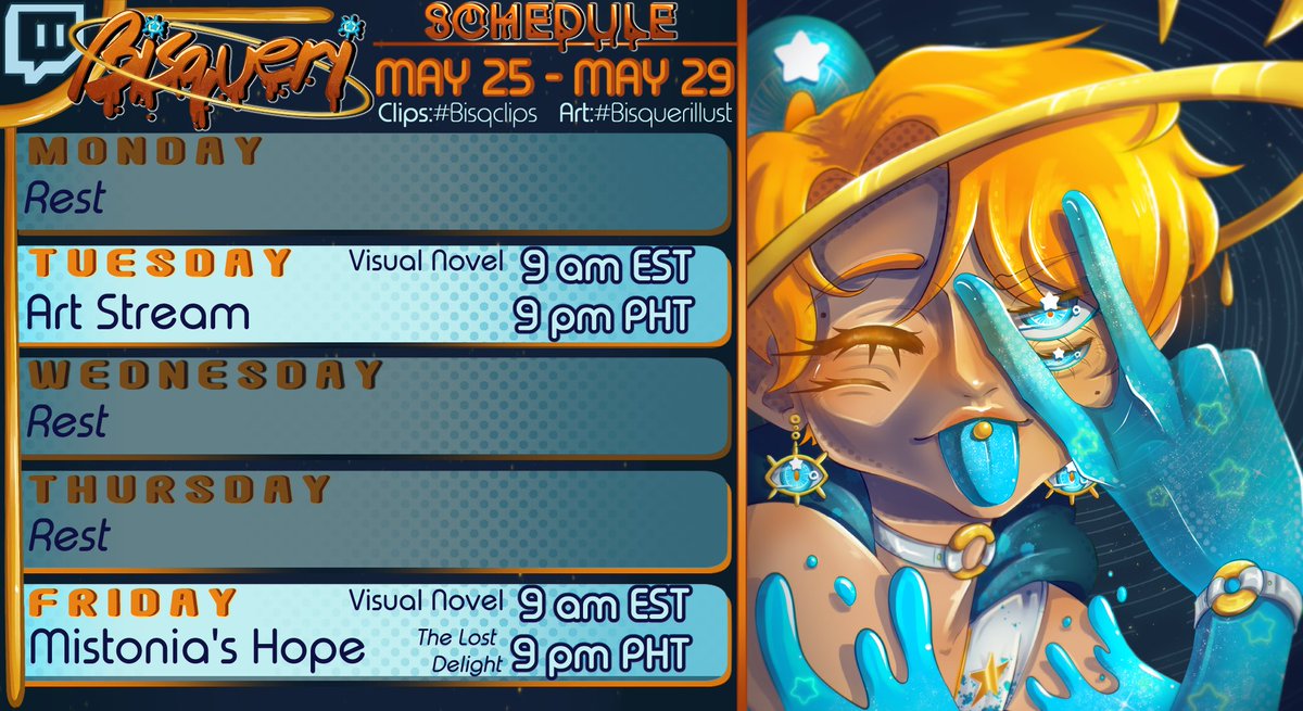 Bisqueri's tweet photo. 😇WEEKLY SCHED:  MAY 25 - MAY 29 (9AM EST)😇
👁️ h t t p s : / / t w i t c h . t v / b i s q u e r i 👁️
Clips: # Bisqclips
Art: # Bisquerillust

It's OTOME TIME (Mistonia's Hope - The Lost Delight-) w/ @GoldieWygorn helpin with the voices 🧚‍♂️

⬇️🟪Below #Vtuber https://t.co/0EQaH46VsJ