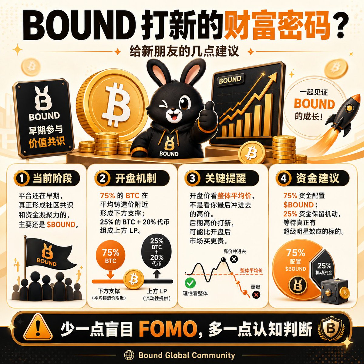 01573bit's tweet photo. BOUND 打新的财富密码？给新朋友几点建议

目前 BOUND 还处在早期阶段，平台流量和外部资金还没有完全爆发。现在真正形成社区共识和资金凝聚力的，主要还是平台吉祥物兔子 $BOUND。

所以这个阶段参与打新，一定要看清楚机制和叙事，不要无脑 FOMO。

开盘逻辑：
完成打新后，平台会用 75% 的 BTC 在平均铸造价附近提供下方支撑区间[0sats ~ 打新均价]；另外 25% 的 BTC 和剩余 20% 代币 组成上方区间 LP[打新均价 ~ ∞]。

总结：开盘价主要看整体平均铸造价格，不是看你最后冲进去的高价。

举例子：
假设一个新符文完成铸造后，整体平均铸造价是 0.1 sats。
那么开盘价大概率��会围绕 0.1 sats 附近形成。
如果你前期是 0.05 sats 参与，开盘后可能有利润空间；
但如果你后期追到 0.2 sats / 0.3 sats 才进去，成本可能反而比开盘后市场买更贵。

所以打新不是绝对的赚，而是要算清楚铸造的平均成本。

所以给新朋友一个建议：
1、不要每个新币都盲目冲。
2、除非是大型社区站台，或者叙事和外部流量非常强，否则后期高价打新很容易变成接盘。

我思路配置：
75% 资金配置平台核心资产 $BOUND；
25% 资金保留机动，等待真正有超级明星效应的标的。

希望大家在 BOUND 平台都能拿到好结果。
少一点盲目 FOMO，多一点认知判断。

$BOUND