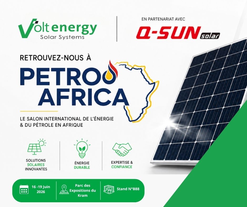 VoltEnergyTN's tweet photo. 📢 Volt Energy تشارك في معرض PETROAFRICA 2026
بحضور شريكنا Q-SUN Solar ☀️

📍 الجناح B88 – الكرم
📅 من 16 إلى 19 جوان 2026

اكتشفوا أحدث حلول وتقنيات الطاقة الشمسية 🔋 https://t.co/3PGDfcaLq2