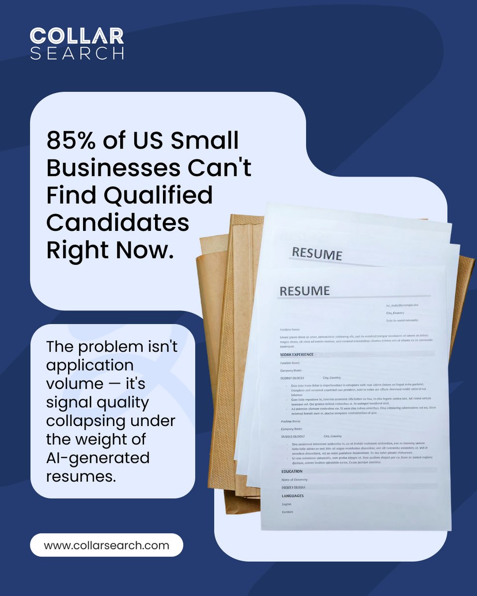 CollarSearch's tweet photo. It’s not that candidates aren’t applying.

It’s that everyone looks qualified now.

AI resumes.
Keyword-optimized profiles.
Polished experience that may not be real.
Screening isn’t about volume anymore.
It’s about finding the signal.

 #Hiring #HRTech #TalentAcquisition https://t.co/34Zc7bBTw8