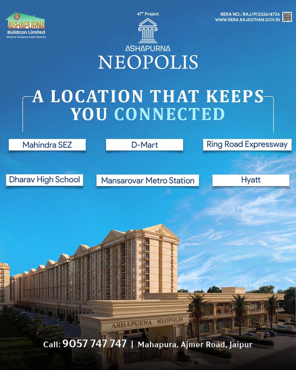 ashapurnabl's tweet photo. Ashapurna Neopolis brings you a location that keeps you connected to the city’s key destinations. 

📍 Mahapura, Ajmer Road, Jaipur
📞 9057747747
RERA: RAJ/P/2026/4726

#ashapurnaneopolis #propertyinjaipur #greektheme #primelocation #mahindrasez https://t.co/zBycXDAElN