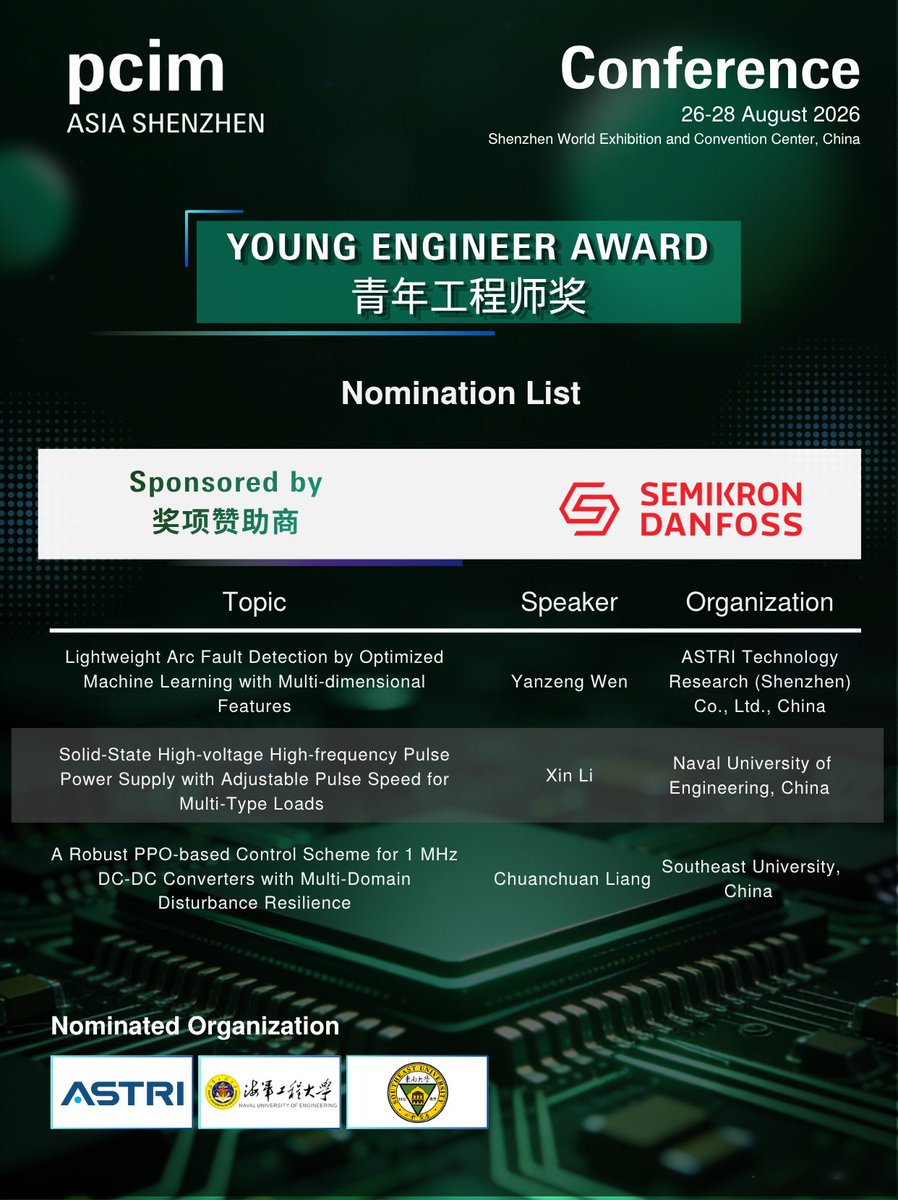 pcimasia's tweet photo. PCIM Asia Shenzhen 2026 Conference Award Nominees Released
Best Paper, Young Engineer &amp; University Scientist Award confirmed
Stay tuned.👉 https://t.co/2FOJEss2N8

📮 20% Early bird discount ends 31 July
📅 26–28 August 2026 | Shenzhen, China

#PCIMAsia https://t.co/u099ZkRrWD