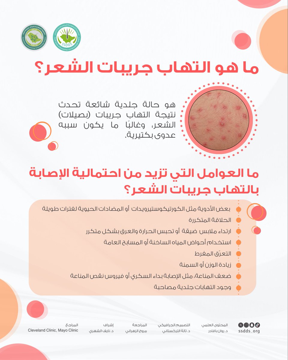 ssdds_org's tweet photo. التهاب جُريبات الشعر هو حالة جلدية شائعة تحدث نتيجة عدوى بكتيرية أو فطرية تُصيب بصيلة الشعر. يظهر على شكل بثور حمراء صغيرة أو بثور بيضاء تشبه حب الشباب حول الشعرة، وقد يصاحبها حكة، أو ألم، أو احمرار. 
تعرّفوا على المزيد من خلال هذا الإنفوجرافيك 🔎
#ssdds_infographic https://t.co/YuBzwgG92J