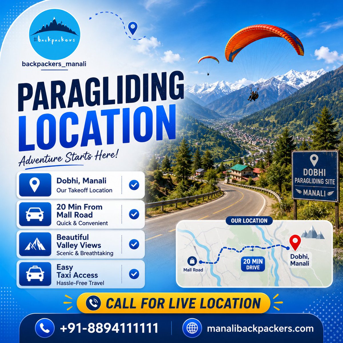 Manalibackpack's tweet photo. 📍 Best paragliding location in Manali — Dobhi! 🪂
Just 20 mins from Mall Road with stunning Himalayan views &amp; safe flights.
📞 +91-8894111111
#Paragliding #Manali #AdventureTravel https://t.co/EsB9CqWVrJ