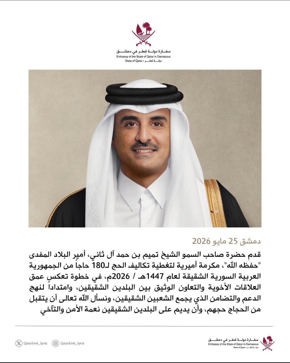 do7alive's tweet photo. 🇸🇾 🇶🇦 

مكرمة أميرية من حضرة صاحب السمو الشيخ تميم بن حمد آل ثاني امير البلاد المفدى " حفظه الله " لتغطية تكاليف 180 حاجاً من الجمهورية العربية السورية الشقيقة لعام 1447هـ / 2026م. 

#دوحه_لايف https://t.co/AFlpZl3vxt