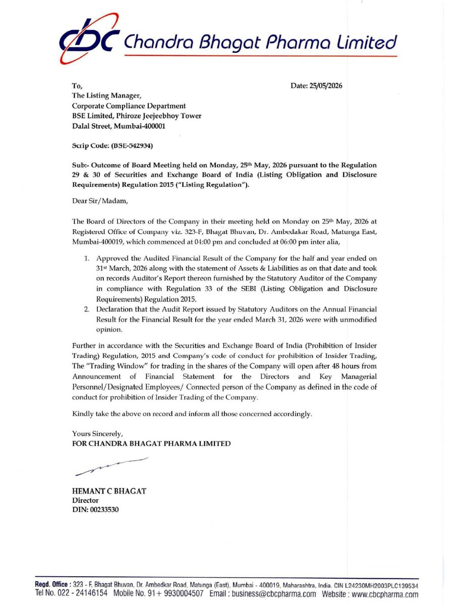 nileshkurhade's tweet photo. π Chandra Bhagat Pharma Ltd informed the exchange about its approval for the financial results for the period ended March 31, 2026. #SME #CBPL ππ§Ύ https://t.co/S4vm3BPJGC