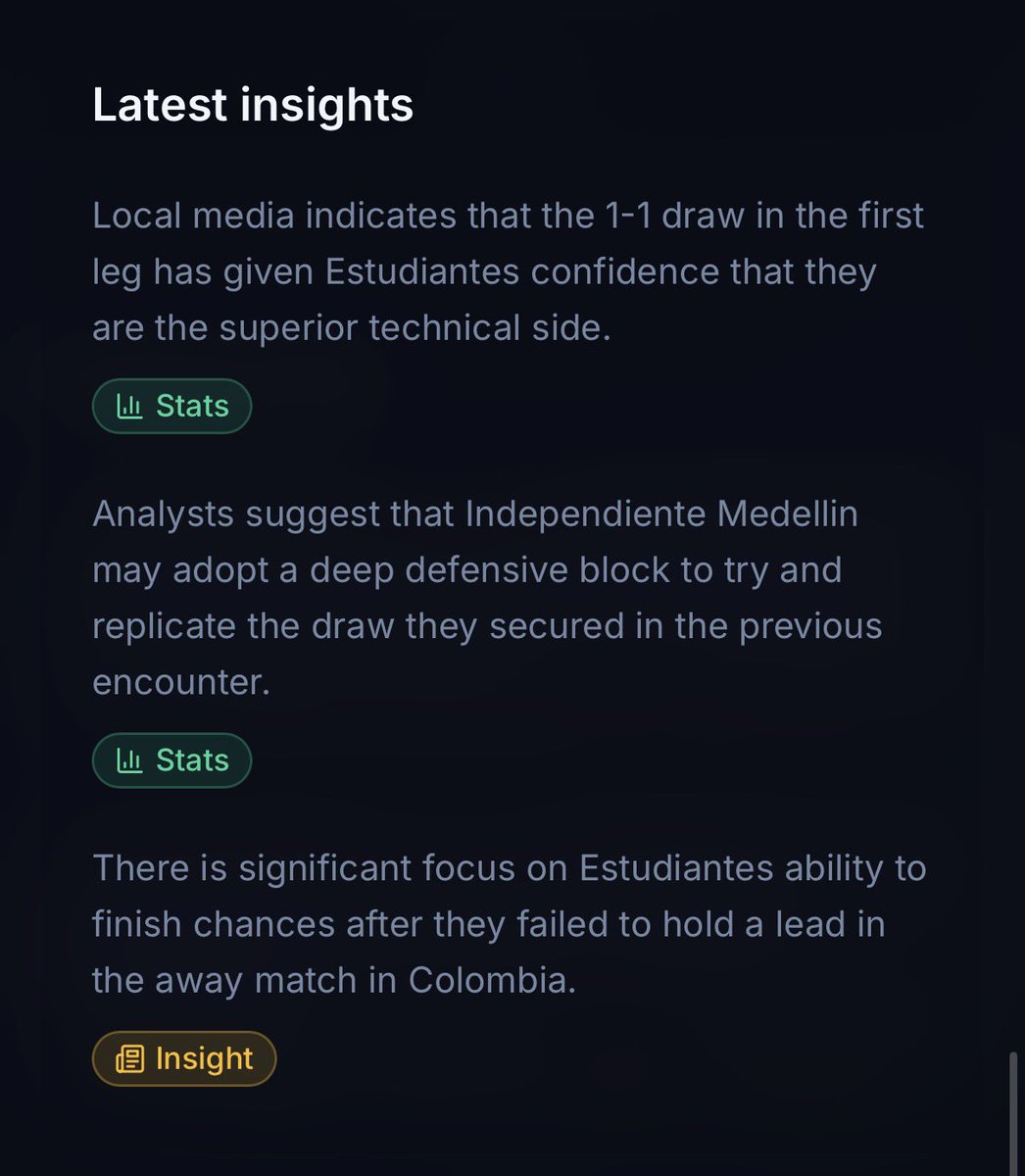 BetInsightlive's tweet photo. ⚽️ Copa Libertadores. Estudiantes vs Independiente Medellin. May 27. Estudiantes Win · 1.58

First leg: 1-1. Estudiantes led, felt they should've won. Back home, where Argentine teams rarely lose to Colombian visitors. Medellin sit deep, but Estudiantes' press is hard to resist.

🧠 Our AI: 68% win chance. Line 1.70→1.58. Sharp money knows.

#Libertadores #SportsBetting