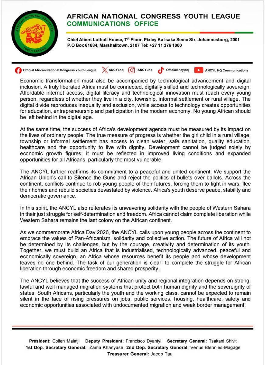ANCYLhq's tweet photo. For Immediate Release || 25 May 2026

ANCYL STATEMENT ON AFRICA DAY 2026: TGE TASK OF OUR GENERATION IS TO LIBERATE AFRICA'S ECONOMY.

#RoarYoungLion
#ANCYLatWork https://t.co/GBRbmgx5vt