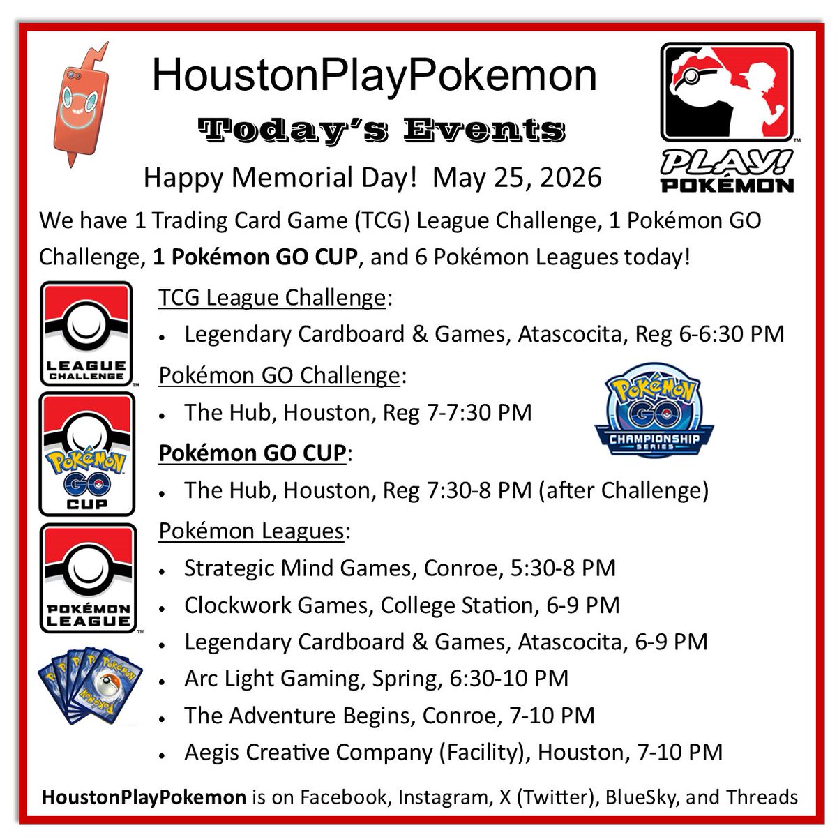 pokemon trading card game challenge cup Happy Memorial Day! Astros won! We have 1 (TCG) League Challenge, 1 Pokémon GO Challenge, 1 Pokémon GO CUP, and 6 Pokémon Leagues today! #PlayPokemon go hydration Pokemon League Cup Feb 22nd