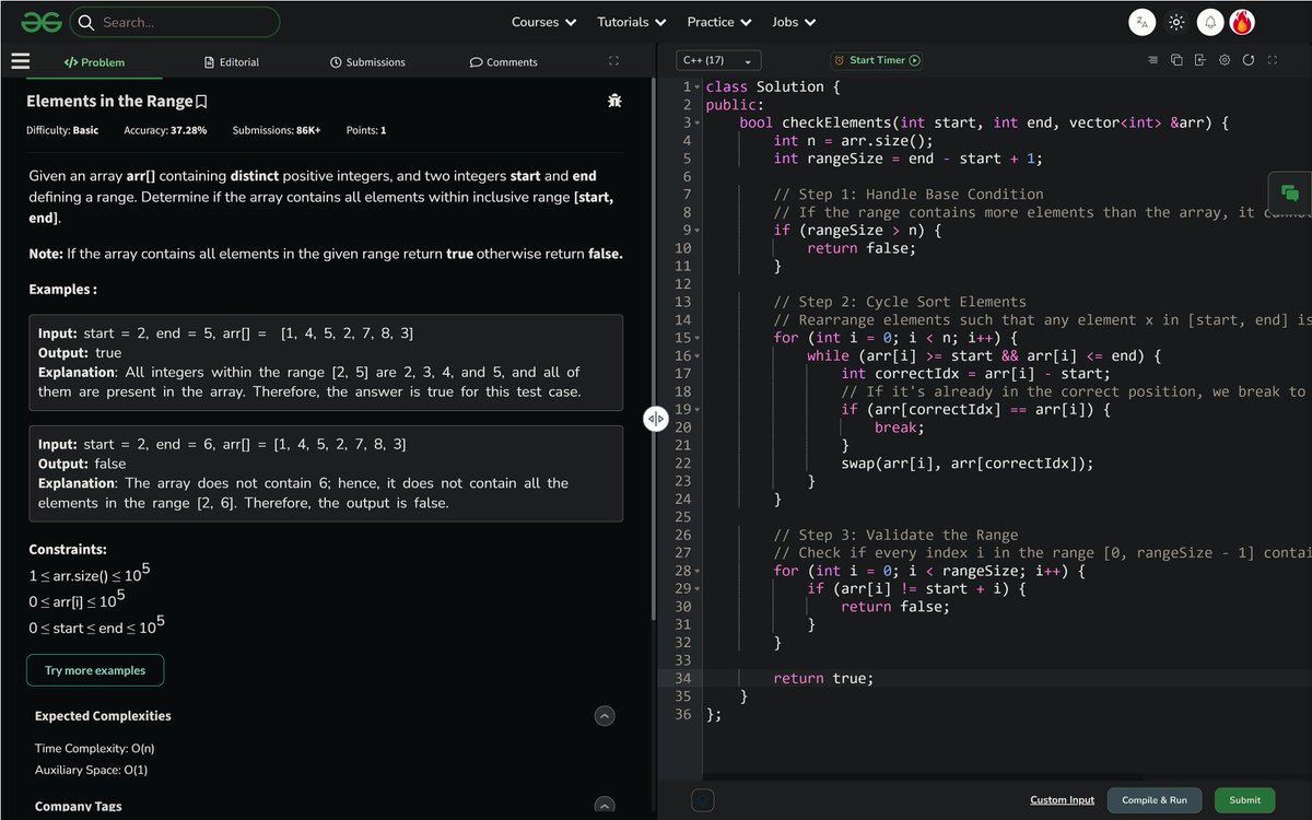 PankajB42550's tweet photo. 🚀 #Day 118/100 (Elements in the Range @GeeksforGeeks – #Daily)!

Store array in a set, then verify all numbers in [start, end] exist.

⌛O(n) | O(n)
✓ Accepted

@CoderArmy #100DaysOfCode #DSA #HashSet #DSA26 #DAY118 https://t.co/V5ZtczLE9q