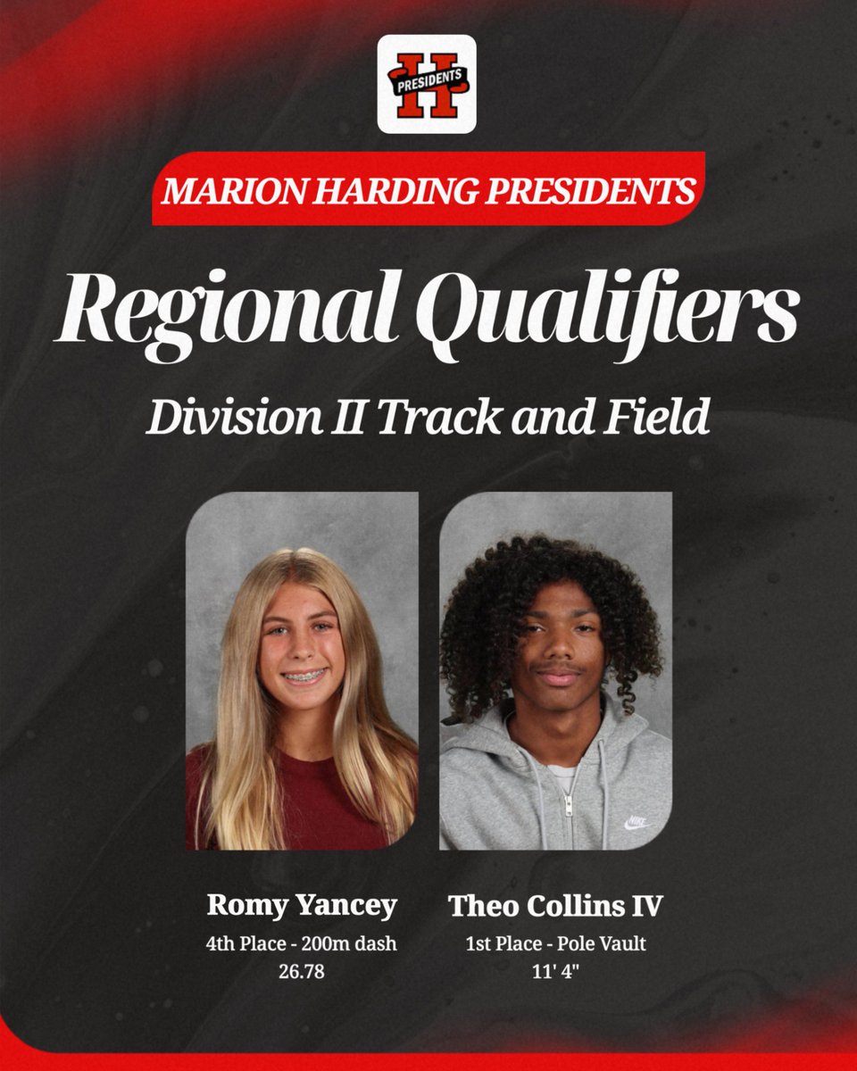 HardingPrexies's tweet photo. 🔴⚫️Congratulations to Romy and Theo!  They will represent Marion Harding at the Regional Track Meet in Lexington this week!
Good Luck!
@McMotorsport
@HHSTelecom 
@MCSPresidents  
@SuptMurphyMCS https://t.co/SadNmx17yE