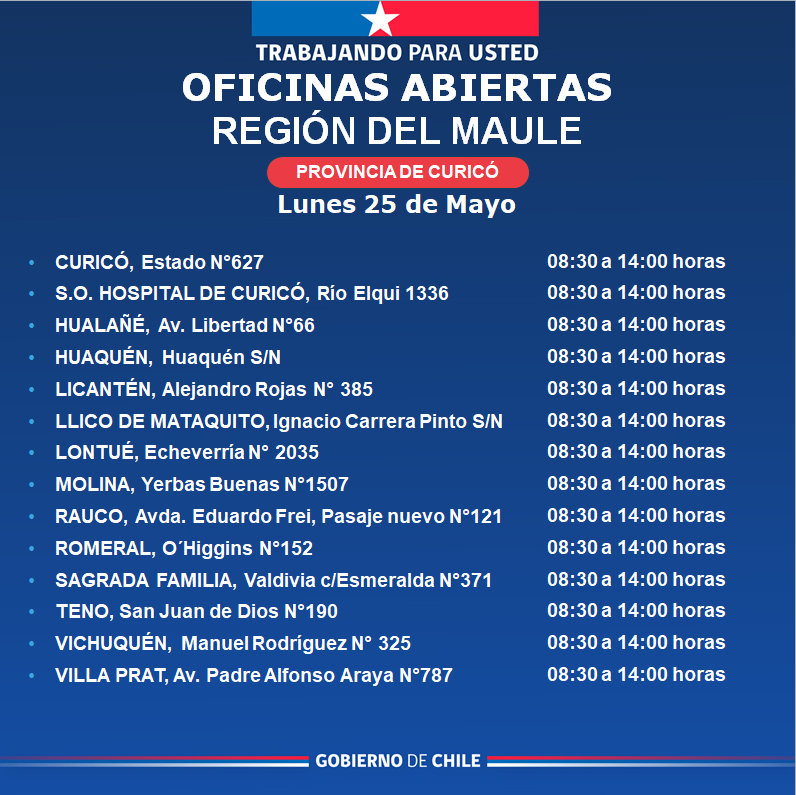 Regcivil_Maule's tweet photo. 🏢 Estas son algunas de nuestras oficinas abiertas en la Región del Maule ✅️
⏰️ Horarios de atención de 08:30 a 14:00 hrs.
Te invitamos a visitar nuestras oficinas a lo largo de la región, realiza tus trámites de manera ágil, segura y oportuna.
Desliza para más información 👉🏼 https://t.co/n8UuqHmnuC
