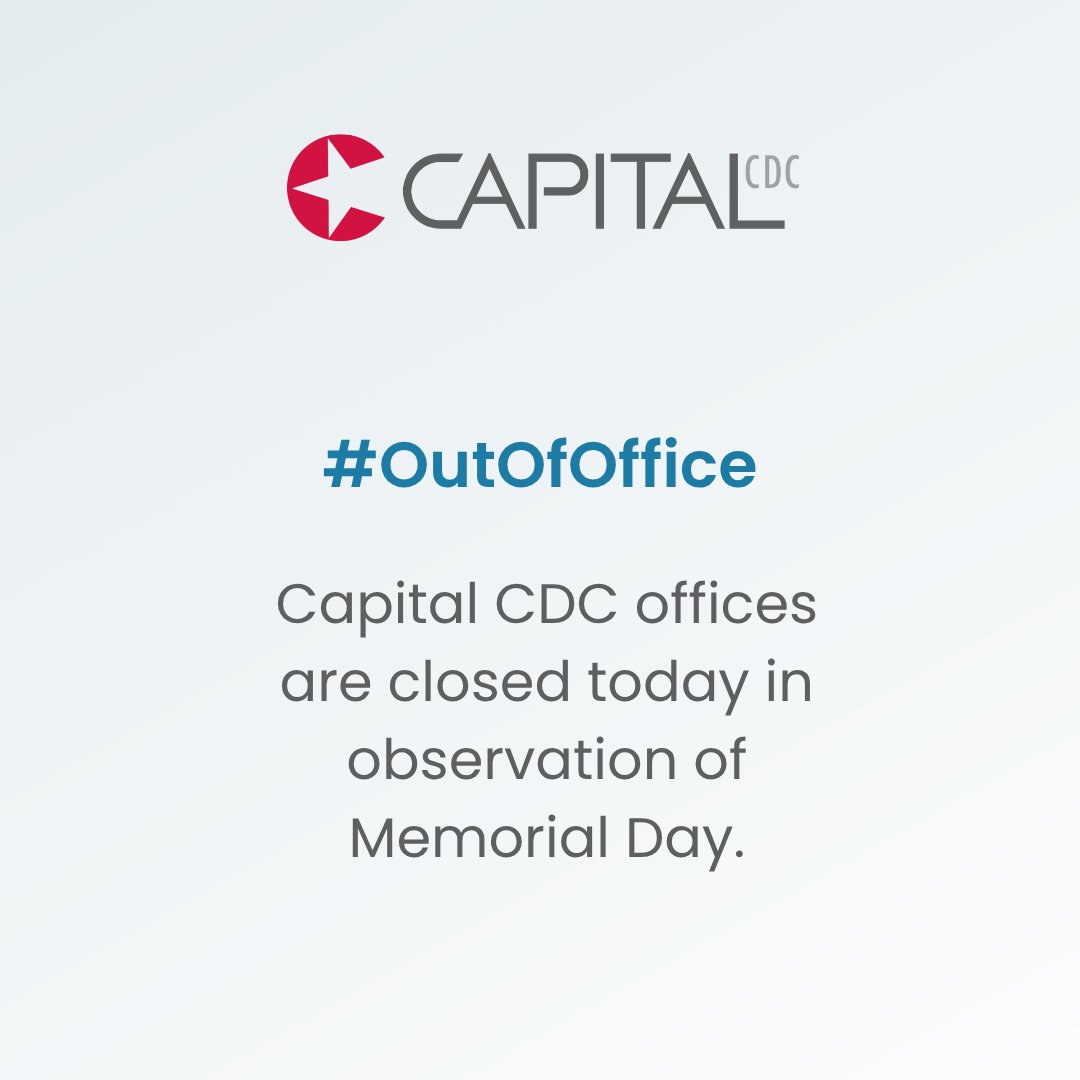 CapitalCDC's tweet photo. Just a reminder that Capital CDC offices are closed today in observation of Memorial Day. 🇺🇸 https://t.co/iURa3Dq0H4