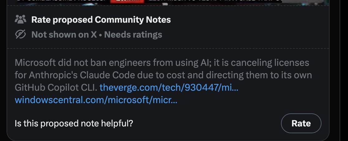 Proposed Community Note screenshot stating Microsoft is canceling Claude Code licenses due to cost and directing engineers to GitHub Copilot CLI rather than banning AI