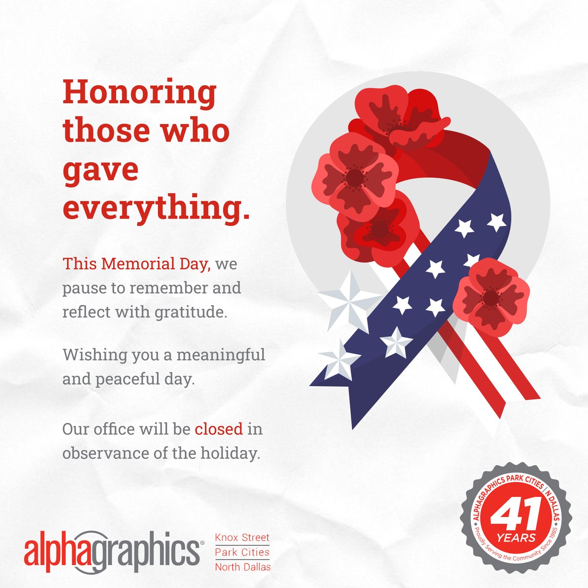 AlphaGraphicsTX's tweet photo. Today is about remembering and honoring the people who gave everything for this country. 🇺🇸

Wishing everyone a meaningful Memorial Day spent with family, friends, and appreciation for those who served and sacrificed. 💪

#AlphaGraphicsParkCities #Signage #CustomSignage https://t.co/Sbw1LqfbUS