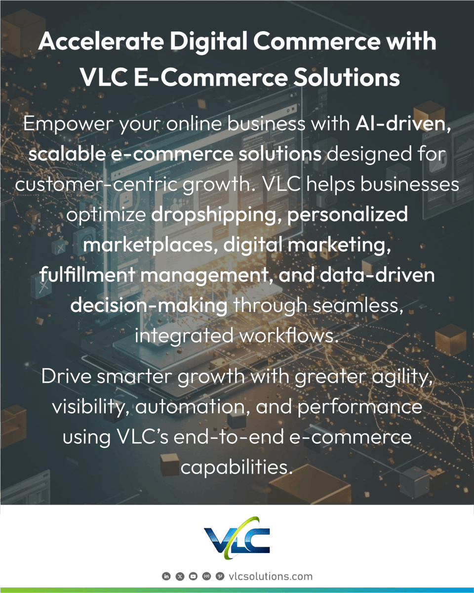 vlcsolutions's tweet photo. Transform your e-commerce with VLC Solutions. Enjoy scalable operations, enhanced customer engagement, and smarter growth strategies to thrive in a fast-paced digital landscape.
https://t.co/SzyxWowAqv
#VLCSolutions #Ecommerce #DigitalCommerce #DigitalTransformation https://t.co/b7L2rL1mmA