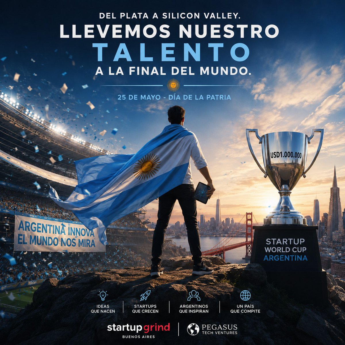 StartupWC_arg's tweet photo. Este 25 de Mayo celebramos a quienes se animan a ponerse la camiseta de Argentina para construir el futuro.

Porque este año por primera vez, la @SWCPTV llega al país.
Y una startup argentina va a representar nuestros colores en Silicon Valley frente al mundo 🏆 https://t.co/hvps8k1YWB