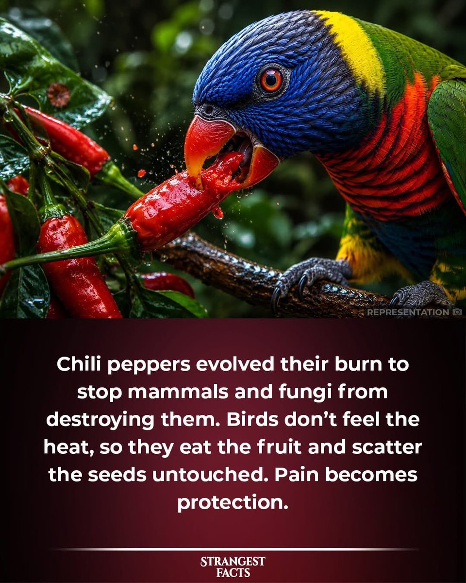 StoneVeterinary's tweet photo. Chili peppers didn’t invent pain for drama.

They built a security system with seeds inside.

The clever part is who gets stopped, and who gets invited in.

Capsaicin lights up mammal pain receptors, which is rude but effective.

Birds are different.

https://t.co/2c91jAkmPP https://t.co/sCHiwqIl8H