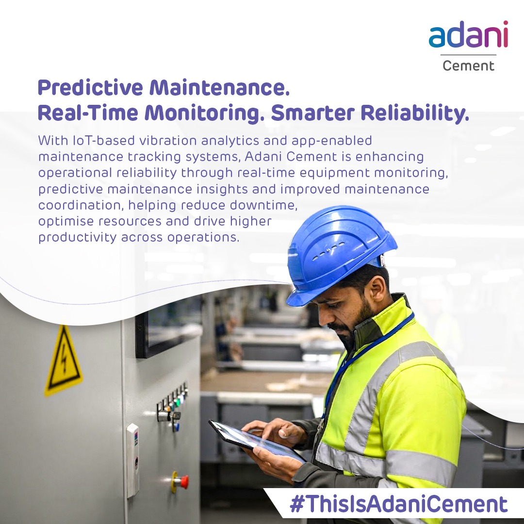 ACCLimited's tweet photo. At Adani Cement, we are enhancing operational reliability with IoT-based vibration analytics for real-time monitoring and app-based WBS reporting for smarter maintenance tracking. These initiatives improve efficiency, coordination, and resilient operations.

#ThisIsAdaniCement https://t.co/k8WIHAZk35