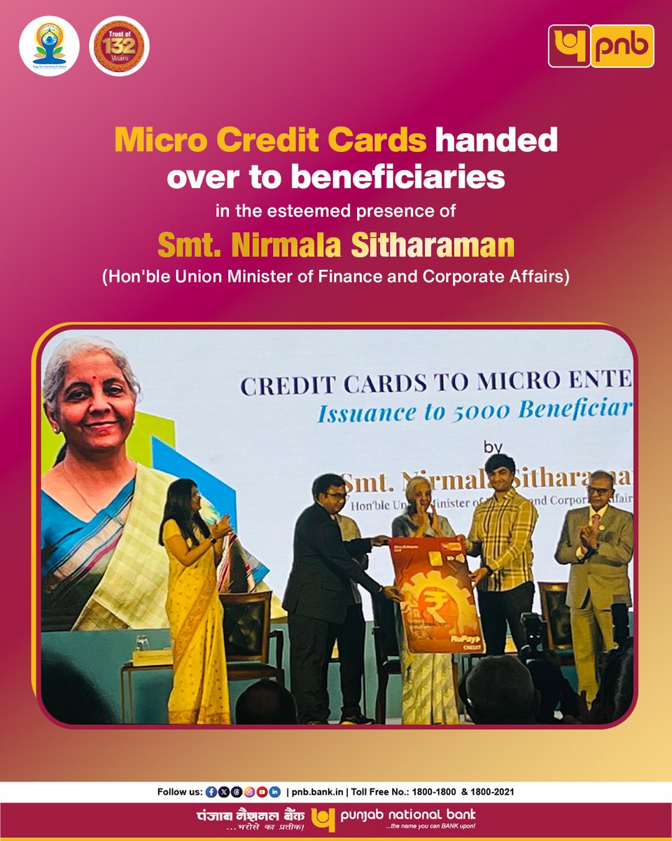 pnbindia's tweet photo. At the SIDBI Foundation Day Programme in Mumbai, Hon’ble Union Minister of Finance & Corporate Affairs, Smt. Nirmala Sitharaman, handed over PNB Micro Credit Cards to beneficiaries of micro enterprises, marking a meaningful step towards strengthening financial inclusion and enabling easier access to working capital for India’s MSME.

The occasion was also graced by Shri Sanjay Lohia, Special Secretary, DFS, and Shri Manoj Mittal, CMD, SIDBI, with Shri Amit Kumar Srivastava, Executive Director, PNB, representing the Bank at the significant event.

A strong foundation for MSME means a stronger foundation for India’s growth and PNB remains committed to boost MSME, an important sector of the economy.

@nsitharamanoffc @nsitharaman @FinMinIndia @minmsme 

#PNB #banking #MSME #MicroEnterprise #MSMEGrowth #PNBMicroCreditCard #DigitalFinance #EmpoweringBusinesses
