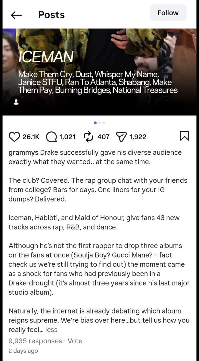 SecondLifeDrake's tweet photo. The Grammys are on their knees with a mouthful of Ice https://t.co/TCTe4qLDFR