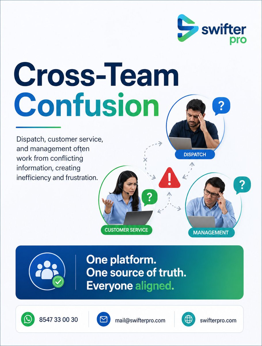 swifterpro_'s tweet photo. Cross-team confusion slowing operations? ⚠️

SwifterPro keeps dispatch, customer service &amp; management aligned with one real-time platform.

One platform. One source of truth. ✔️

#SwifterPro #FleetManagement #SmartOperations #BusinessAutomation https://t.co/48Tm6ziCWd