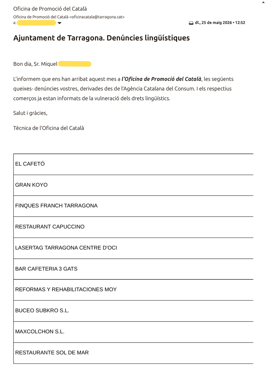 miqu3lm0la's tweet photo. Defensar els drets lingüístics és qüestió de prioritats.

Gràcies a persistir amb la Síndica i Consum, avui l'Ajuntament de Tarragona ja ha advertit oficialment més de 30 comerços infractors.

Menys queixes de sofà i més actuar!

#AccióPelCatalà https://t.co/kQ9hj5kKKD