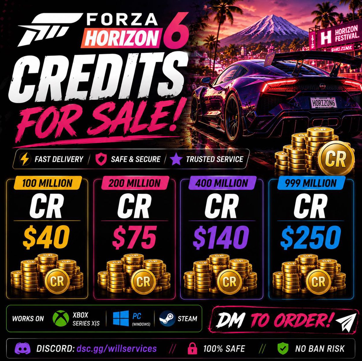 MutCoinsExpress's tweet photo. 🏁 FH6 Credits In Stock 🏁

100M — $40
200M — $75
400M — $140
999M — $250

⚡ Xbox / PC / Steam
📩 DM Fast
🔗 doscord: https://t.co/pP19rTrVJa

#FH6 #ForzaHorizon6 https://t.co/7OZ1Qftub9