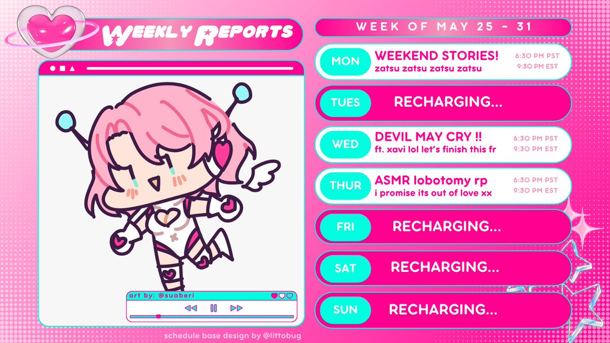 theariaproject's tweet photo. BUSIEST WEEK OF MY LIFE IS OVER
【 stream schedule: may 25 - may 31 】
🪽 general - #theariaproject
🪽 art - #ariaPNG
🪽 nsfw - #ariaRAW
🪽 fanbase - #lovebytes
【 https://t.co/S2qtOSkHn4 】 https://t.co/Q8KE3uh1UL