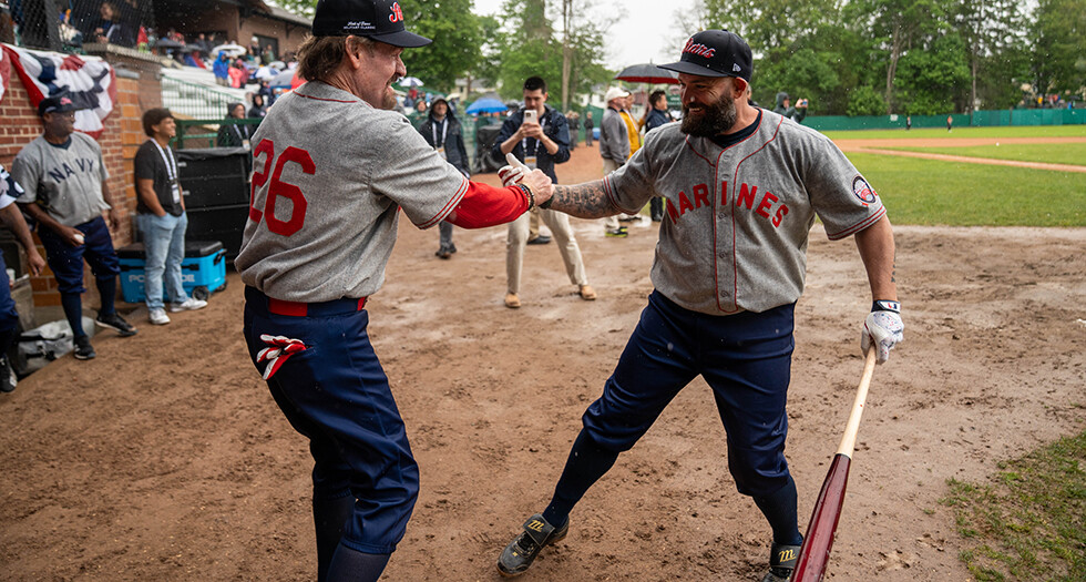 legionbaseball's tweet photo. While the Military Classic ended up being rained out at the @baseballhall on Memorial Day Weekend, the players and coaches still found a way to honor veterans: https://t.co/R4m8vkWz1B https://t.co/8AeiggG96H