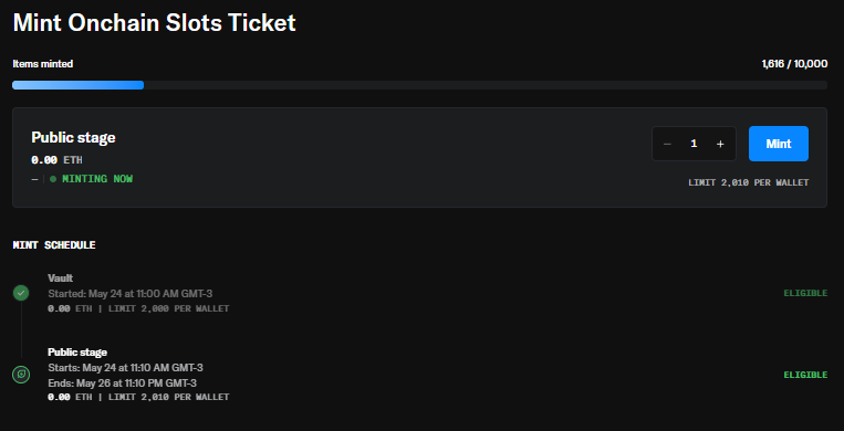 onchainslots's tweet photo. Limit increased to 10 per wallet 🚀

OS: https://t.co/madGpv5GjH
Free mint
Supply: 10k
Onchain Slots Ticket 🎰

Secure yours for a chance to win a spot in our next free mint.

OS: Onchain Slots Neon https://t.co/0NMyyLGyPL https://t.co/pcCPNfc4l1