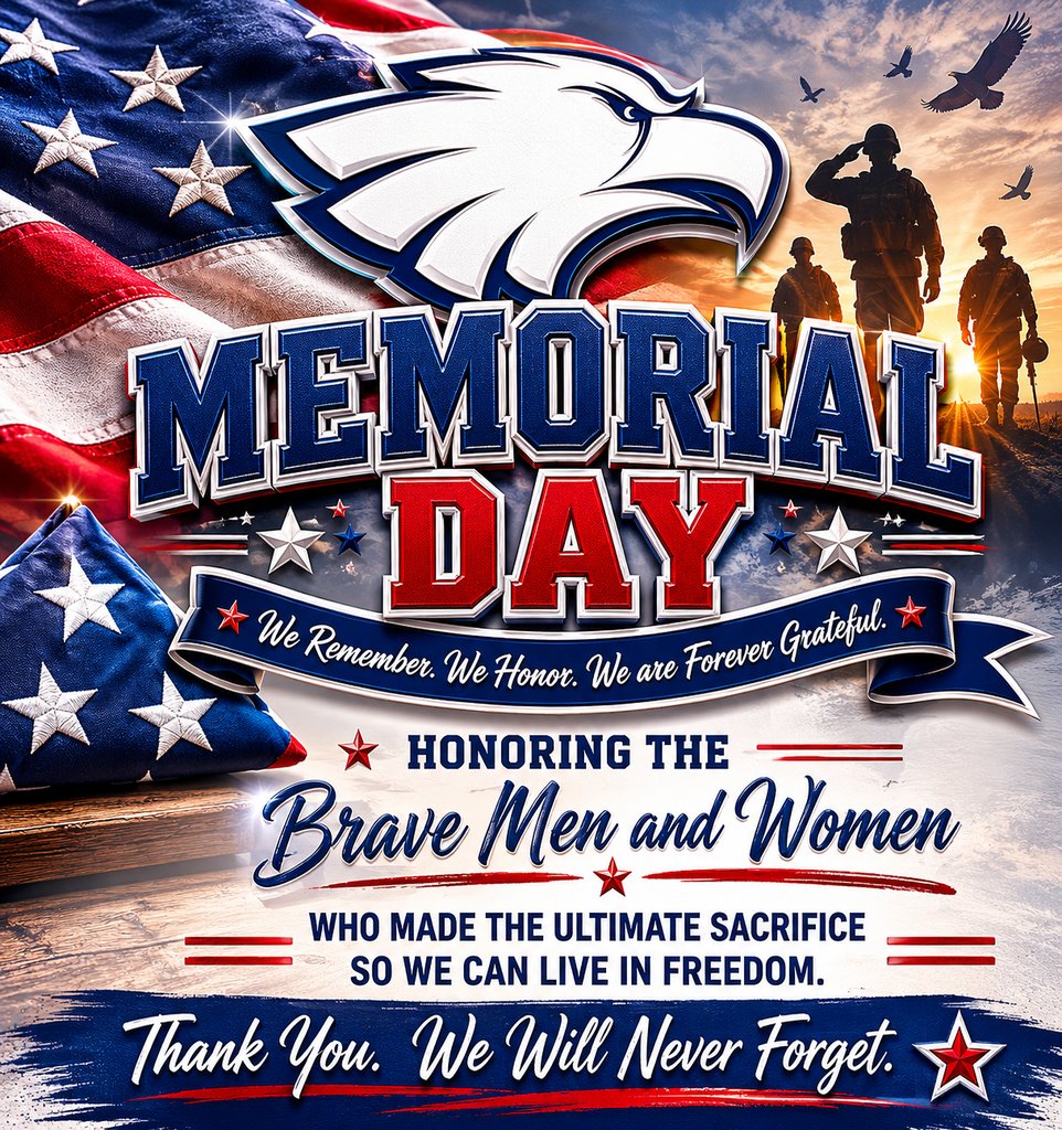 AllenHS_Eagles's tweet photo. Today, we pause to honor and remember the brave heroes who made the ultimate sacrifice for our freedom. Wishing the entire Eagle community a safe and meaningful Memorial Day. 🇺🇸 #MemorialDay https://t.co/wPQN1u4hCw