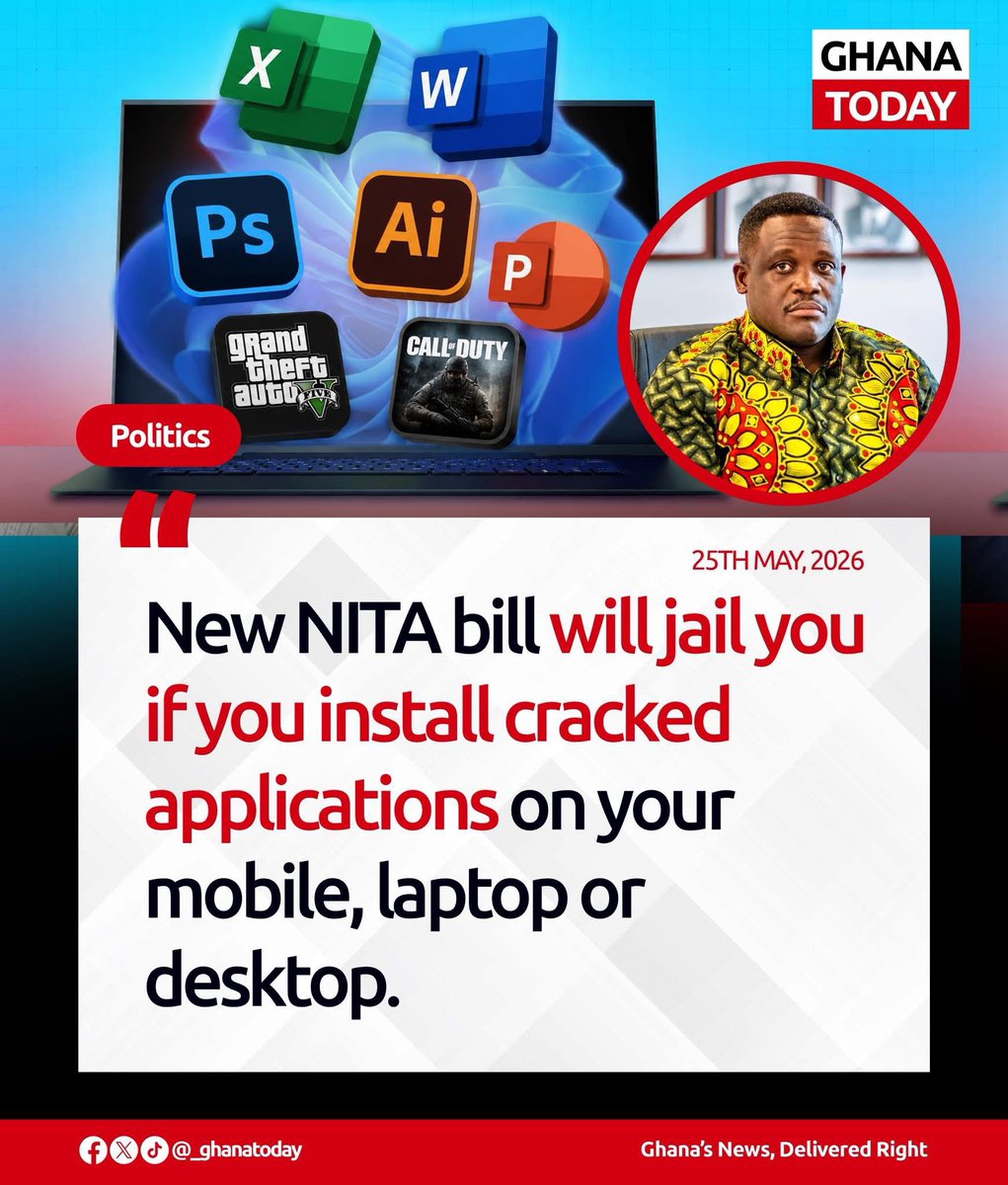 Knustcampus's tweet photo. 🚨BREAKING:

New NITA bill will jail you if you install cracked applications on your mobile, laptop or desktop.

 #𝙉𝙚𝙬𝙨𝘼𝙡𝙚𝙧𝙩_.🇬🇭 https://t.co/qmpJhYDAwk