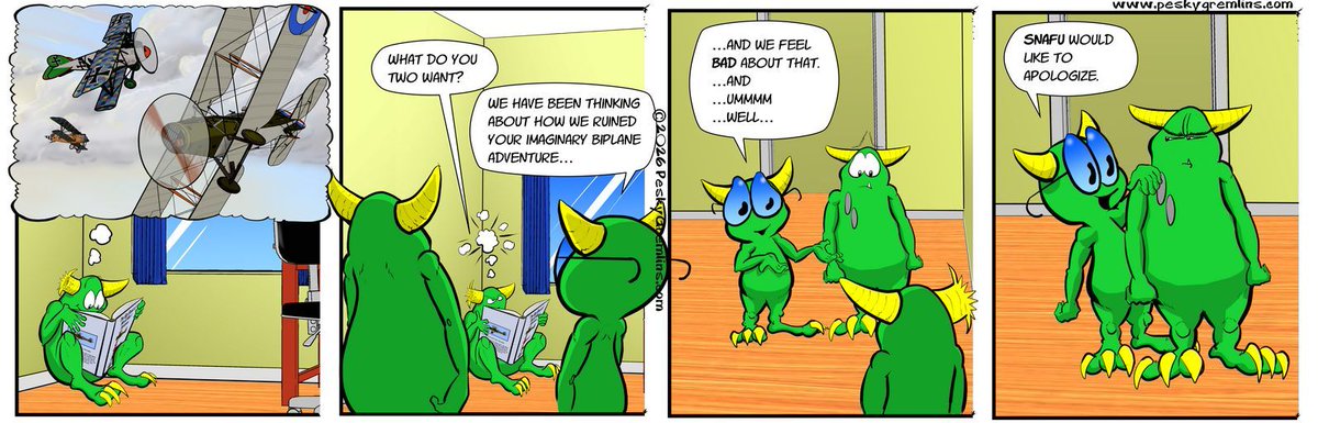 PeskyGremlins's tweet photo. Pesky Gremlins Comic 1003
"On The Spot"
https://t.co/5AuyyNVhaV 
#comic #comics #webcomic #webcomics #cartoon #cartoons #cartoonart #gremlin #gremlins #cartoonstrip #WWI #biplane https://t.co/UnedFgqSas