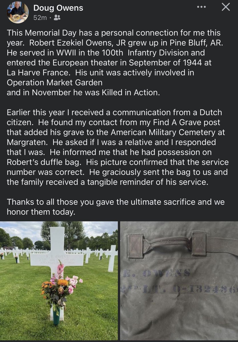 JCottonWalker's tweet photo. On this Memorial Day: Remember &amp; Honor all who served.  Many made the ultimate sacrifice for our freedom, including my Great Uncle R.E. Owens. 🇺🇸 https://t.co/K2rMqatxQj