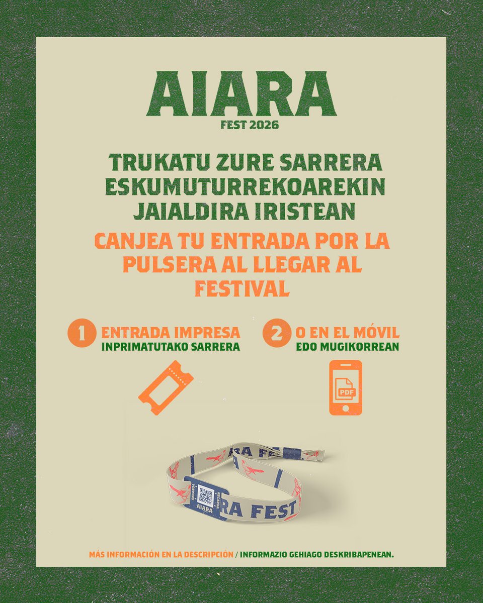 aiarafest's tweet photo. ¡Pulseras! Todo lo que necesitas saber sobre ellas:
📍 ¿Para qué sirve la pulsera?
📍¿Cómo se consigue? 
⚠️Si tienes abono para los dos días, solo tienes que recoger la pulsera una vez

Además, ya puedes recargar tu pulsera, toda la info en la web y link de recarga en la bio ☺️ https://t.co/05dZiQWZXp