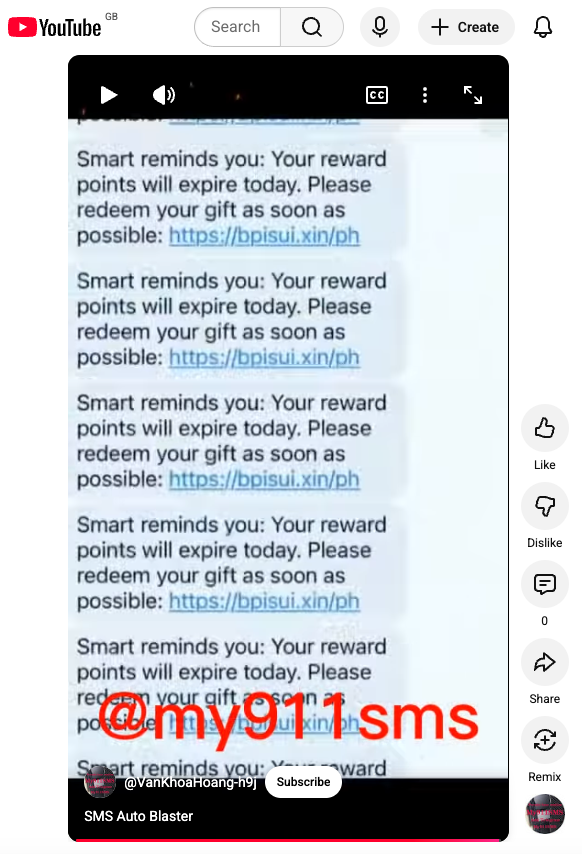 Commsrisk's tweet photo. YouTube SMS Blaster Ad Displays Scam Messages That Impersonate Telcos - https://t.co/s1Eyhcy4sf

Google's indifference to social media ads for scam equipment is disgraceful. A new ad shows an SMS blaster impersonating Globe and Smart, the two largest telcos in the Philippines. https://t.co/Hpe7DhMV0v