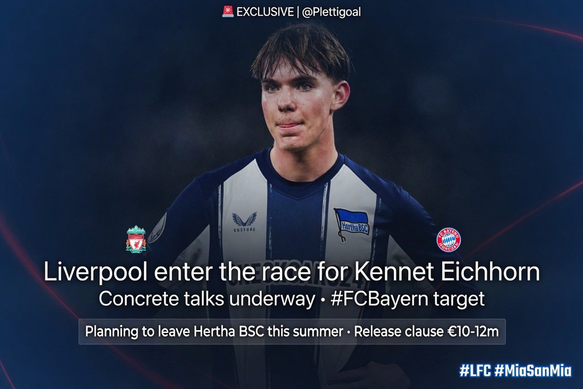 MiaSanMiaNews's tweet photo. 🚨According to @Plettigoal EXCLUSIVE | Liverpool have entered the race very concretely for #FCBayern target Kennet Eichhorn. Concrete talks have already taken place, as sources from England confirm. #LFC 

Eichhorn is planning to leave Hertha BSC in the summer. Release clause worth around €10-12m. 

#KennetEichhorn #TransferNews #PremierLeague #EPL #Bundesliga #LiverpoolFC #FootballTransfers