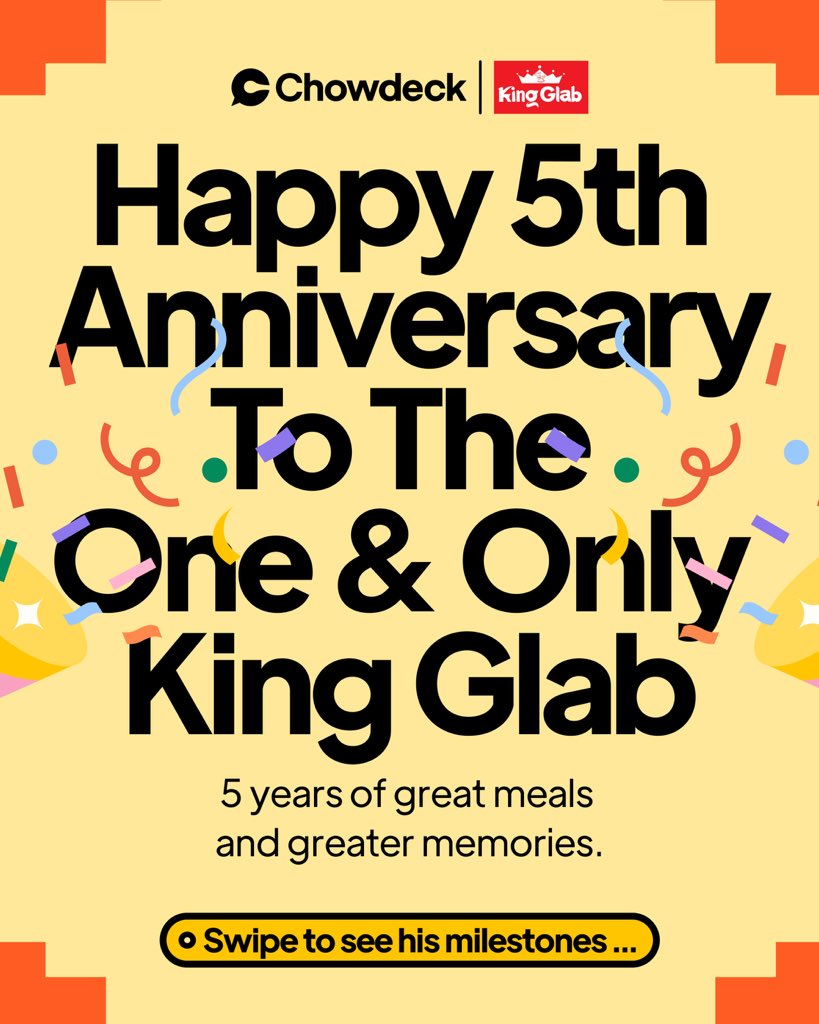 chowdeck's tweet photo. For the last 5 years, King Glab has proven that good food doesn’t have to cost a fortune. Now, 320,000+ Chowdeck orders later, he’s still doing exactly that.

This is why he is deeply beloved. It’s why we celebrate him today, and why we are incredibly proud to be a part of the King Glab story.

Happy 5th Anniversary, @KING_GLAB