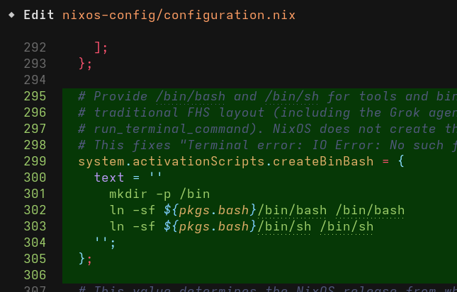FossPrime's tweet photo. @xai It attempts to nuke NixOS config and steamroll it into working like a typical unsandboxed linux distro

The first command I ran "ls" results in a terminal error... I asked grok to fix it, and instead of using built in solutions and bindings... it decides to butcher root https://t.co/cuyEODxi7U