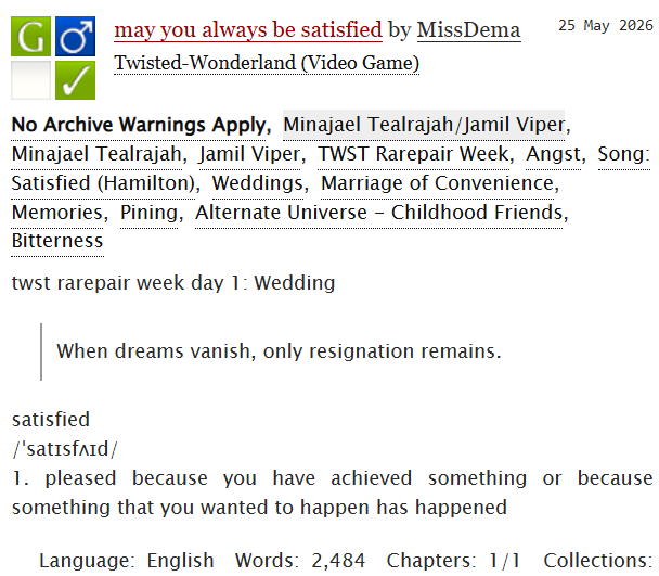 _MissDema's tweet photo. twst rarepair week day 1: Wedding
❖ New fic !
➭ Ship: Minajami
➭ Characters:
⤐ Minajael Tealrajah
⤐ Jamil Viper
➭ #minajami #twistedwonderland #twst #twst_BL #twstrarepairweek #rarepairweek
➭ https://t.co/UwFgkyD3lx https://t.co/gfDOs5i8S7