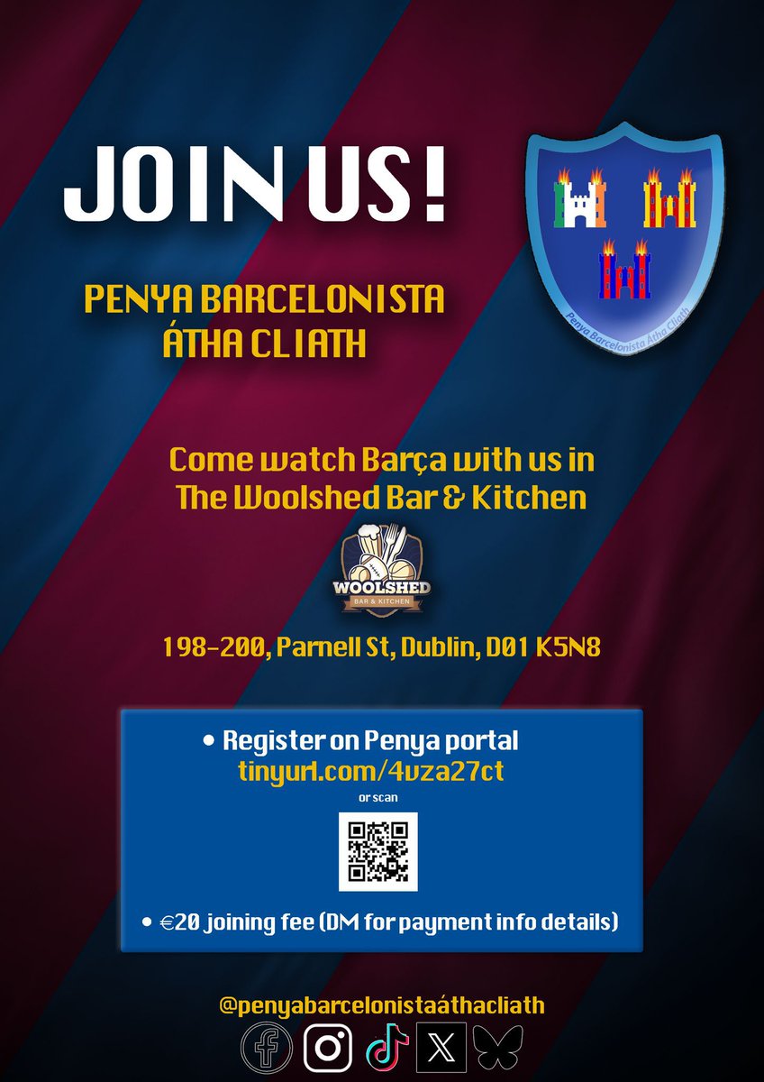 PB_FCBDublin's tweet photo. Join Irelands only official FC Barcelona Penya! Membership is now open for 26/27 season! 
Join us in the @woolshedbaa for every game &amp; gain access to away tickets after 6 months of being a member 
Enjoy the penyista benefits provided by FCB. 
&amp; make many new friends! 
#BarçaAbú https://t.co/JeuIEg3SXF