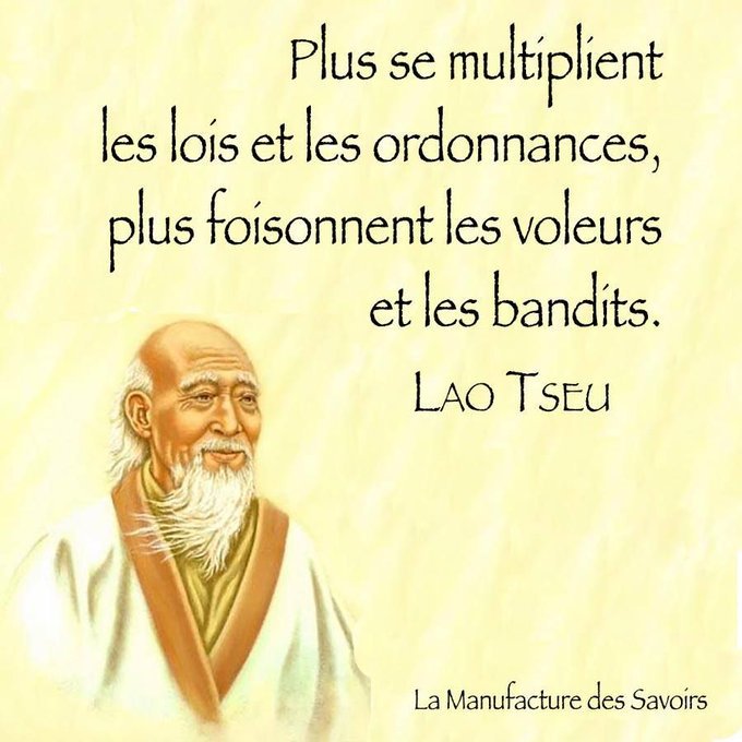 CitaroCapacityL's tweet photo. En 45 ans, la France a reculé de 2500 ans :
"Plus il y a d'interdits et de prohibition,
plus le peuple s'appauvrit ;
plus se multiplient les lois et les ordonnances,
plus foisonnent les voleurs et les bandits."
Lao #Tseu https://t.co/WzFlP6Tawk