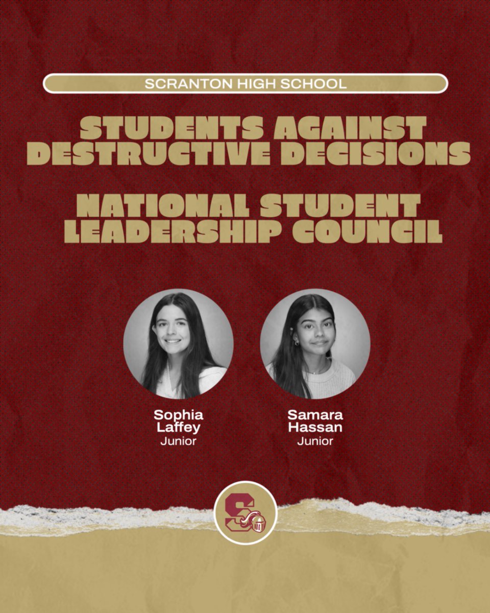 ScrantonHS's tweet photo. Congratulations to Scranton High School students Sophia Laffey and Samara Hassan on being selected to the 2026-2027 SADD National Student Leadership Council! 🌟

We are proud to see these outstanding student leaders representing The Castle! https://t.co/CPeTUticfg