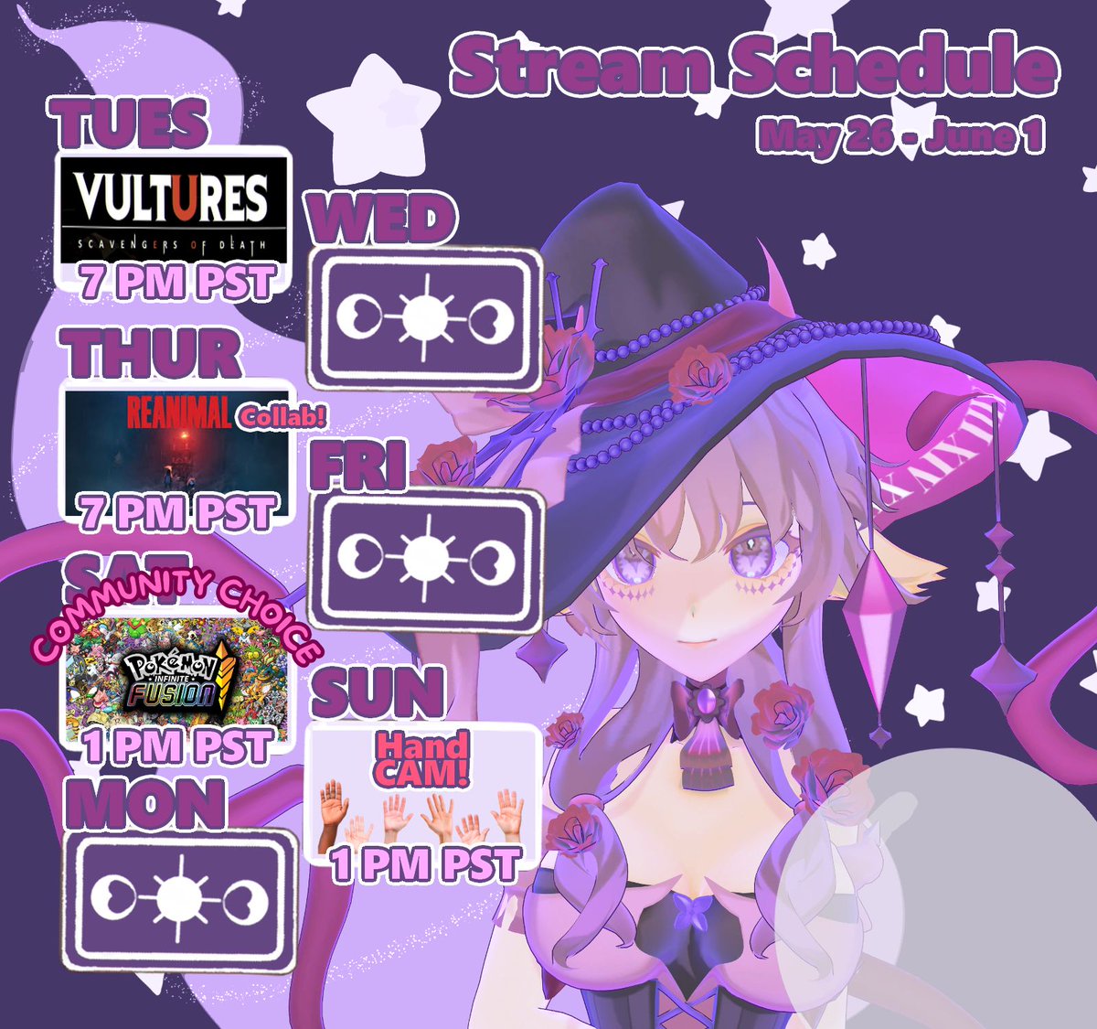 wispywitch's tweet photo. 🔮Stream Schedule!🔮

☆𝐓𝐔𝐄𝐒:   Vultures: Scavengers of Death

☆𝐖𝐄𝐃:  ---No Stream---

☆𝐓𝐇𝐔:   REANIMAL w/ LordofRandom

☆𝐅𝐑𝐈:  ---No Stream---

☆𝐒𝐀𝐓:  ♡COMMUNITY CHOICE♡ -- Pokemon INFINITE FUSION

☆𝐒𝐔𝐍:  ♡SPECIAL HAND CAM STREAM♡ https://t.co/QnBwqUKpb9